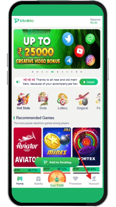 Open the Account section from the gaming dashboard